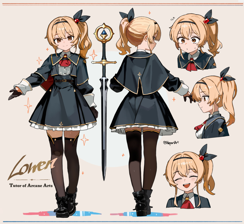 1girl, absurdres, black_gloves, black_shoes, black_thighhighs, blonde_hair, blush, brown_eyes