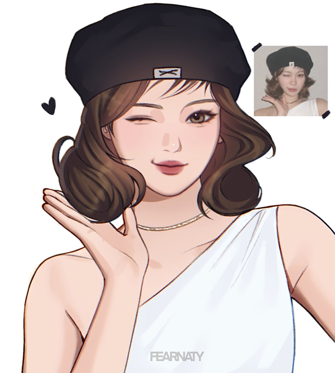 1girl, beret, black_hat, brown_eyes, closed_mouth, dress, fearnaty, hat, highres, jewelry, kim_chaewon, le_sserafim, necklace, one_eye_closed, reference_photo, solo, standing, white_background, white_dress