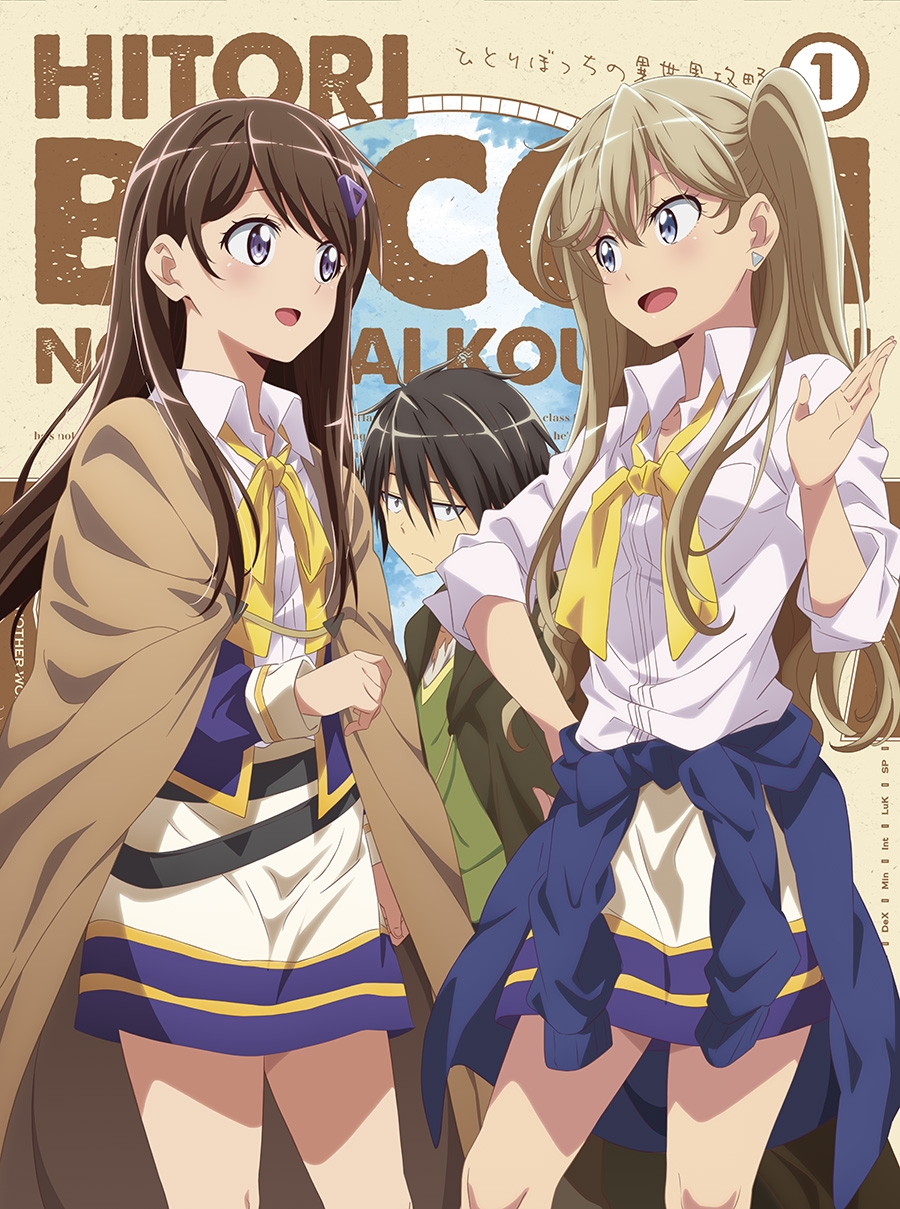 1boy, 2girls, ahoge, anime_coloring, black_hair, blonde_hair, blue_eyes, blue_jacket, brown_hair, capelet, class_rep_(hitoribocchi_no_isekai_kouryaku), cloak, closed_mouth, clothes_around_waist, collared_shirt, gal_leader_(hitoribocchi_no_isekai_kouryaku), green_capelet, gyaru, hair_ornament, hairclip, haruka_(hitoribocchi_no_isekai_kouryaku), highres, hitoribocchi_no_isekai_kouryaku, jacket, jacket_around_waist, jitome, long_hair, long_sleeves, looking_at_viewer, multiple_girls, nakano_keiya, official_art, one_side_up, open_hand, open_mouth, shirt, short_hair, skirt, sleeves_rolled_up, smile, standing, straight_hair, tareme, tsurime, very_long_hair, violet_eyes, white_shirt