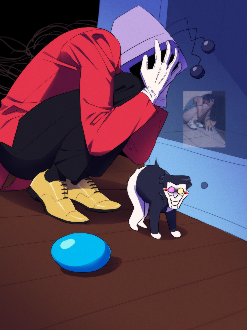 2boys, absurdres, ant_tenna, black_hair, black_pants, black_shirt, clutching_head, crt