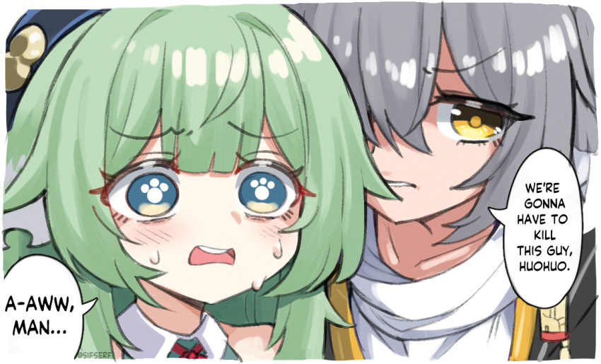 2girls, black_jacket, close-up, commentary, english_commentary, english_text, green_eyes, green_hair, grey_hair, hair_over_one_eye, honkai:_star_rail, honkai_(series), huohuo_(honkai:_star_rail), jacket, long_hair, looking_at_viewer, multiple_girls, nervous_sweating, open_mouth, parted_lips, paw-shaped_pupils, portrait, shirt, sifserf, speech_bubble, stelle_(honkai:_star_rail), sweat, sweatdrop, symbol-shaped_pupils, trailblazer_(honkai:_star_rail), twitter_username, white_shirt, yellow_eyes