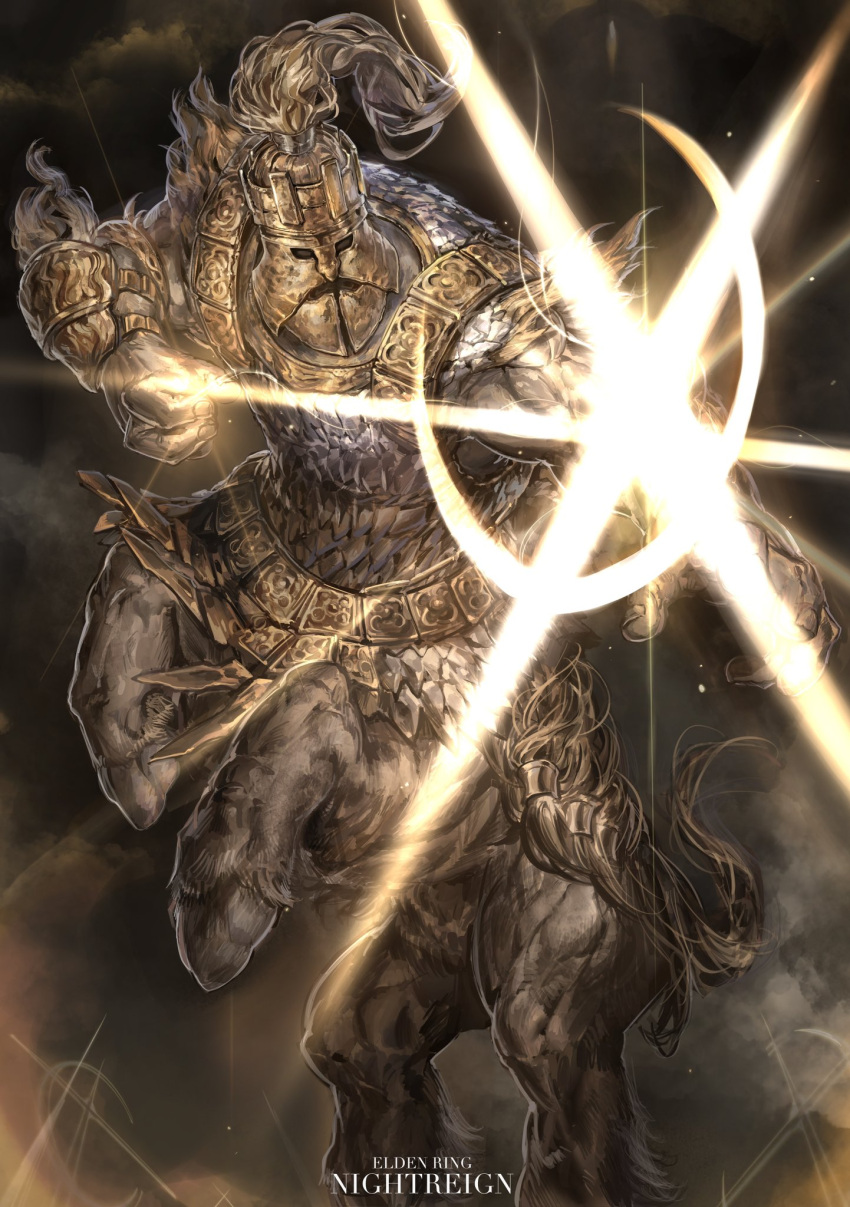 1boy, armor, arrow_(projectile), bow_(weapon), centaur, cross, drawing_bow, elden_ring