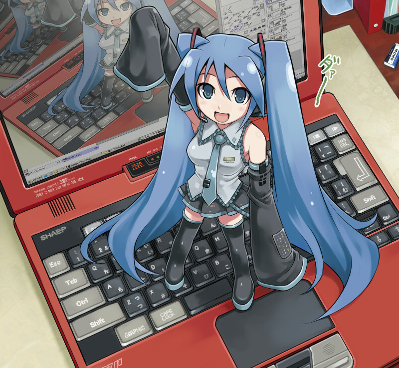arm_up, blue_eyes, blue_hair, blush, brand_name_imitation, chibi, computer, hatsune_miku
