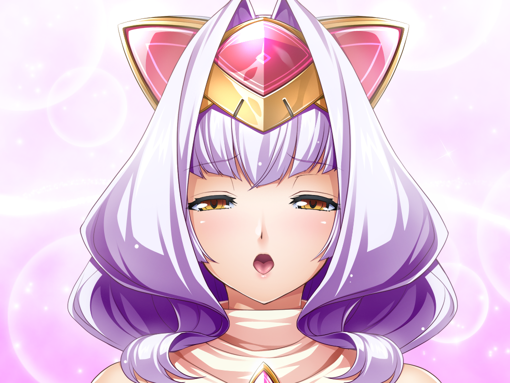 1girl, animal_ears, azarin_(kouyoku_senki_exs-tia), blush, brown_eyes, exs-tia_magica, fake_animal_ears, game_cg, gem, hair_intakes, half-closed_eyes, headgear, inoino, kouyoku_senki_exs-tia, large_variant_set, long_hair, looking_at_viewer, non-web_source, official_art, open_mouth, orange_eyes, pink_background, portrait, purple_hair, scarf, solo, tongue, variant_set, yellow_eyes, yellow_trim