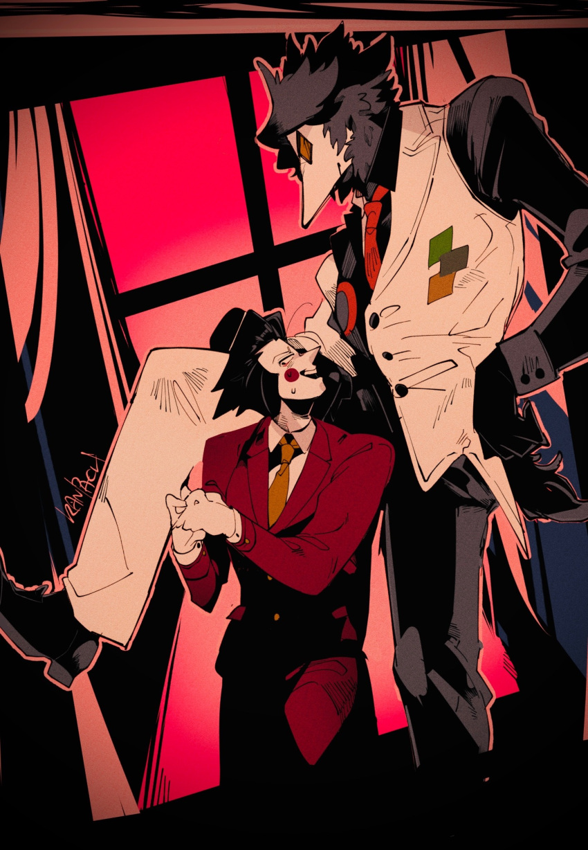 2boys, artist_name, beak, black_gloves, black_hair, collared_shirt, curtains, deltarune