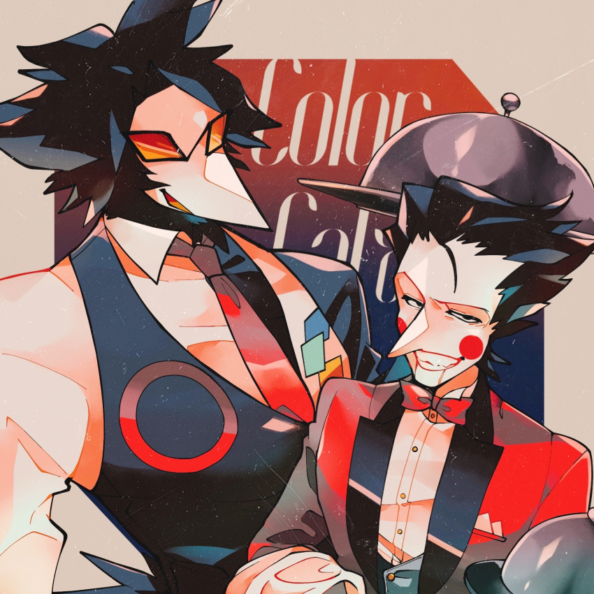 2boys, beak, bird_tail, black_eyes, black_hair, bow, bowtie, butler