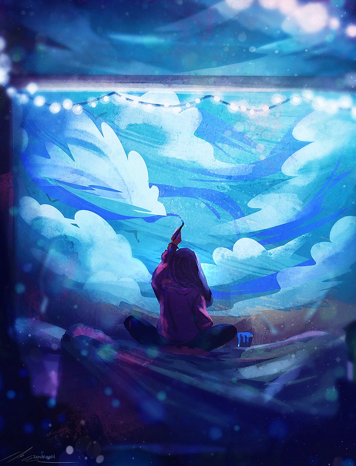 1other, arm_up, blue_theme, cloak, crossed_legs, fairy_lights, fake_sky, from_behind