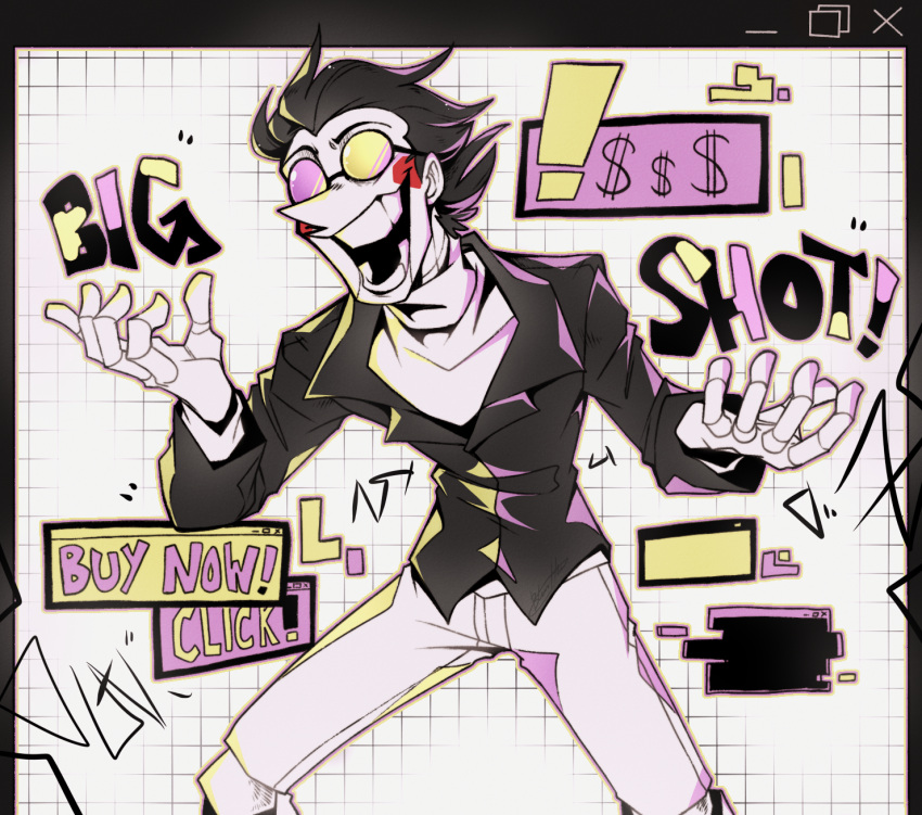 !, 1boy, black_hair, blasticheart, colored_skin, cowboy_shot, deltarune, doll_joints, dollar_sign, english_text, glitch, heterochromatic_eyewear, highres, joints, male_focus, open_mouth, pants, pointy_nose, smile, solo, spamton_g._spamton, teeth, tinted_eyewear, white_pants, white_skin, white_undershirt, window_(computing)