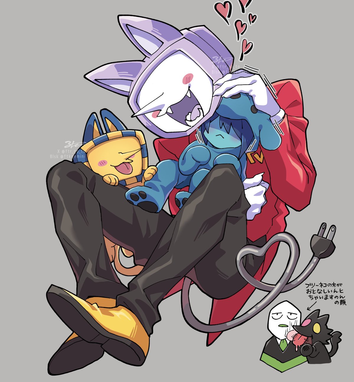 1boy, 1other, ant_tenna, ant_tenna_(sphinx), black_pants, blue_hair, blue_skin, blush, blush_stickers, cat_mike_(deltarune), chibi, chibi_inset, colored_skin, crt, deltarune, electric_plug, electric_plug_tail, fangs, ftr_go_to, gloves, green_pippins, grey_background, headpat, heart, highres, kris_(dark_world)_(deltarune), kris_(deltarune), object_head, onesie, pants, pippins_(deltarune), pointy_nose, shoes, smile, sphinx, tail, tailcoat, tongue, tongue_out, twitter_username, white_gloves, yellow_shoes