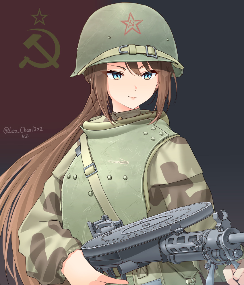 1girl, absurdres, ammunition_pouch, armor, artist_name, blue_eyes, breastplate, brown_hair
