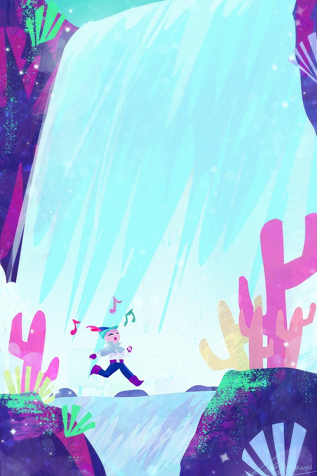 1other, bard, boots, bycocket, cactus, capelet, closed_eyes, cool_colored, coral, fingerless_gloves, from_side, full_body, grin, hat, hat_feather, headwear, kiwi_(wandersong), long_sleeves, musical_note, outdoors, outstretched_arms, painterly, scenery, shirt, singing, smile, solo, stepping_stones, walking, wandersong, water, waterfall, white_shirt, zandra