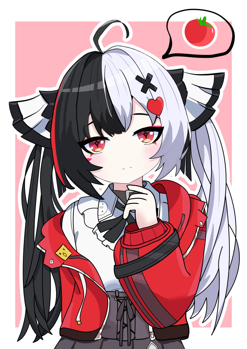 1girl, absurdres, ahoge, black_choker, black_hair, black_ribbon, black_skirt, blush