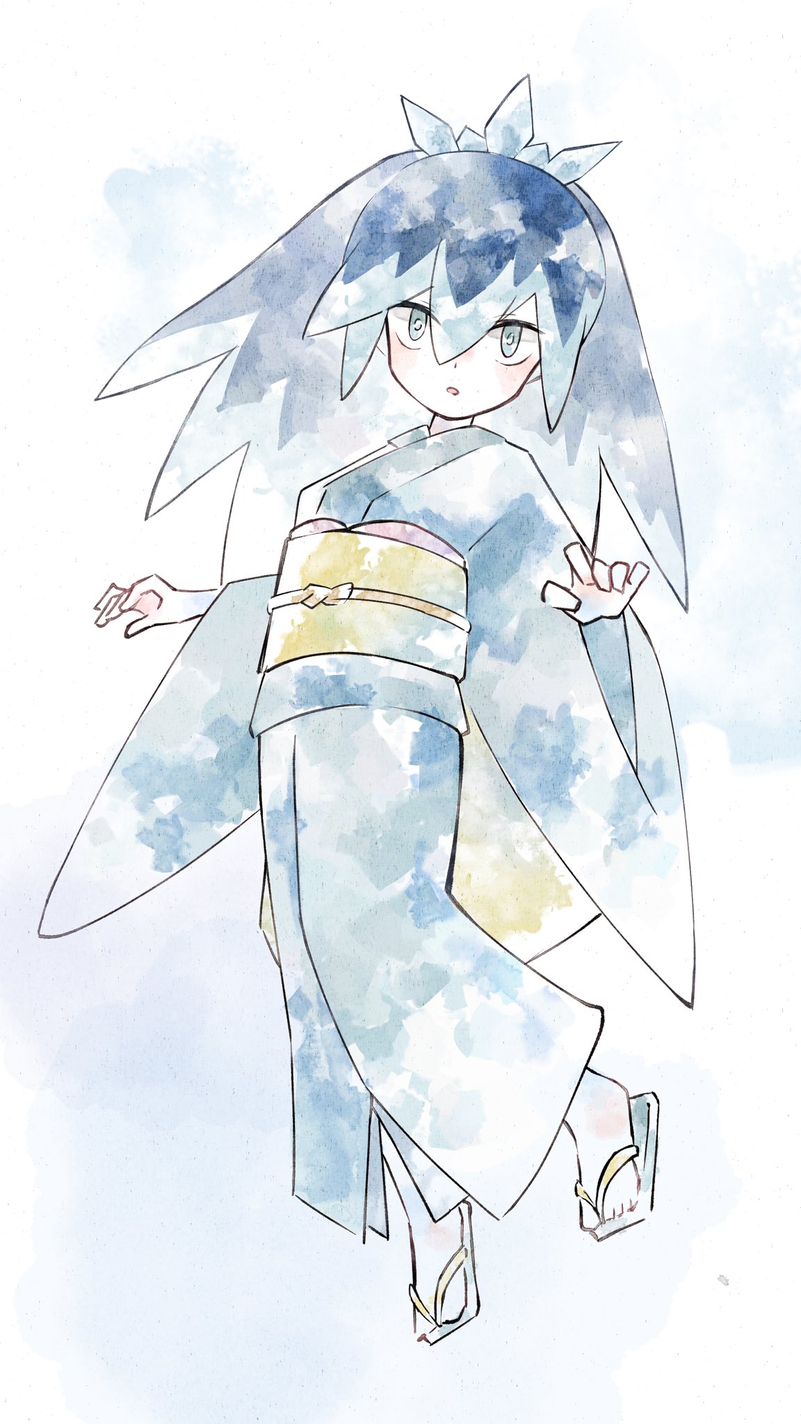 1girl, blue_eyes, blue_hair, blue_kimono, fubukihime, full_body, highres, japanese_clothes