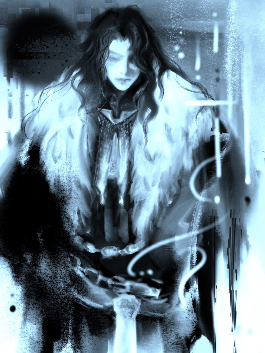 1boy, abstract_background, blue_theme, castlevania:_lament_of_innocence, castlevania_(series), cloak, closed_eyes, closed_mouth