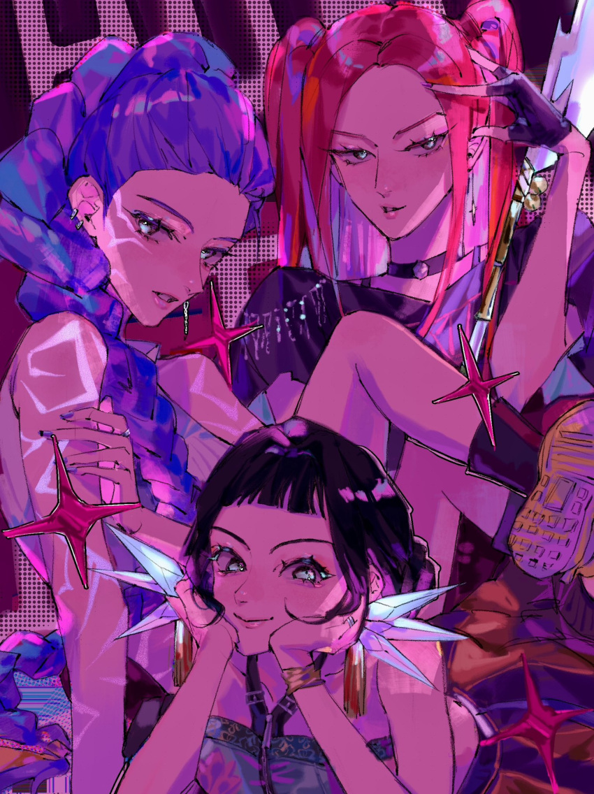 black_gloves, black_hair, blunt_bangs, body_markings, boots, braid, braided_ponytail, choker, earrings, fingerless_gloves, gloves, halterneck, hashtag-only_commentary, head_rest, highres, jewelry, kpop_demon_hunters, long_hair, looking_at_viewer, mira_(kpop_demon_hunters), pink_hair, realemonade, rumi_(kpop_demon_hunters), sidelocks, smile, zoey_(kpop_demon_hunters)
