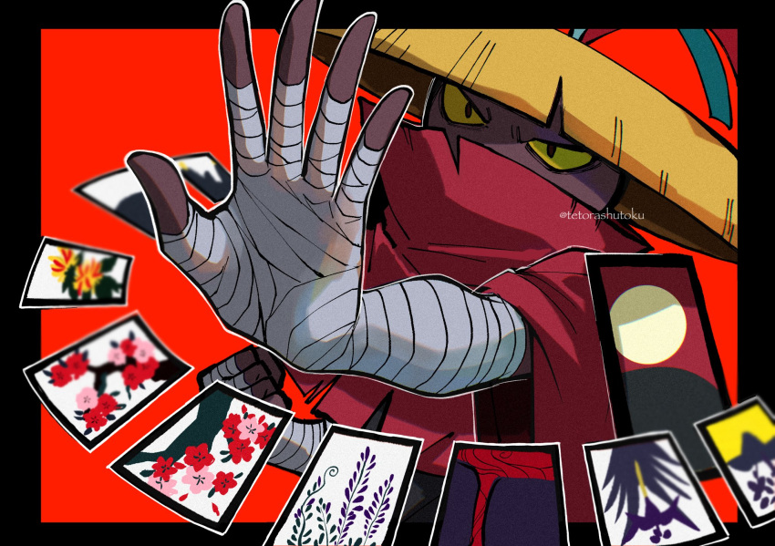 1boy, artist_name, bandage_over_one_eye, black_border, border, hanafuda, highres, kusanagi_(youkai_watch)