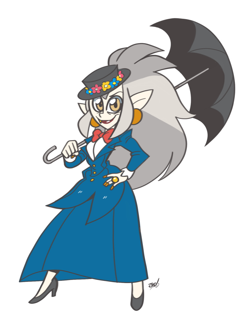 1girl, bow, bowtie, cosplay, ear_piercing, earrings, eda_clawthorne, fingernails, full_body, grey_hair, hand_on_own_hip, high_heels, highres, holding, holding_umbrella, jewelry, jmdurden, long_fingernails, long_hair, looking_at_viewer, mary_poppins, mary_poppins_(character), mary_poppins_(character)_(cosplay), piercing, signature, solo, sphere_earrings, the_owl_house, umbrella, very_long_hair