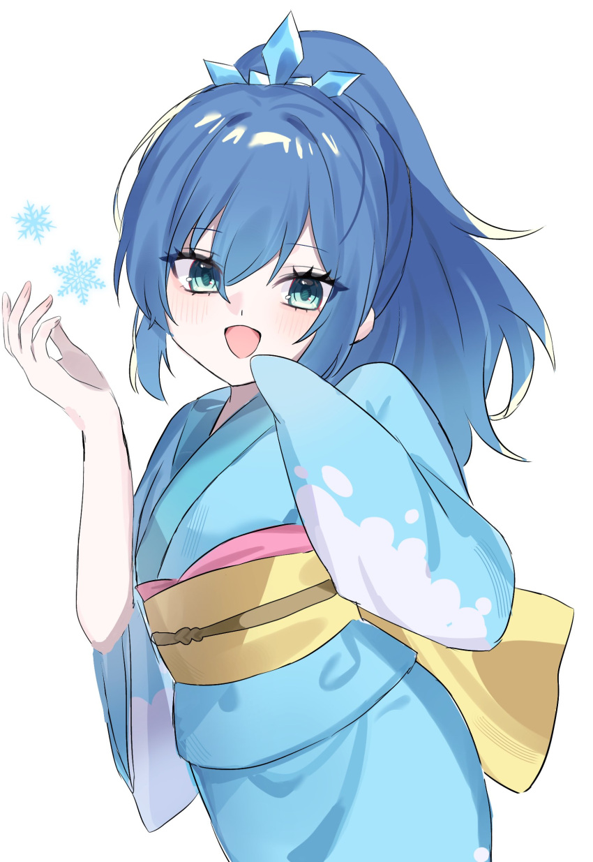 1girl, absurdres, blue_eyes, blue_hair, blue_kimono, fubukihime, highres, japanese_clothes, kimono, kuru2y, long_hair, looking_at_viewer, open_mouth, simple_background, snowflakes, solo, white_background, youkai_(youkai_watch), youkai_watch