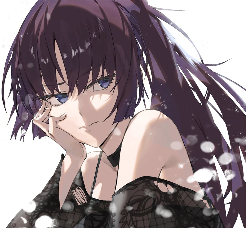 1girl, alternate_costume, bare_shoulders, black_choker, blue_eyes, choker, closed_mouth, commentary, eyelashes, hand_on_own_face, highres, lace_shirt, looking_to_the_side, monogatari_(series), off-shoulder_shirt, off_shoulder, ponytail, purple_hair, senjougahara_hitagi, shadow, shirt, simple_background, solo, symbol-only_commentary, tabulagami, torn_clothes, torn_shirt, upper_body, white_background