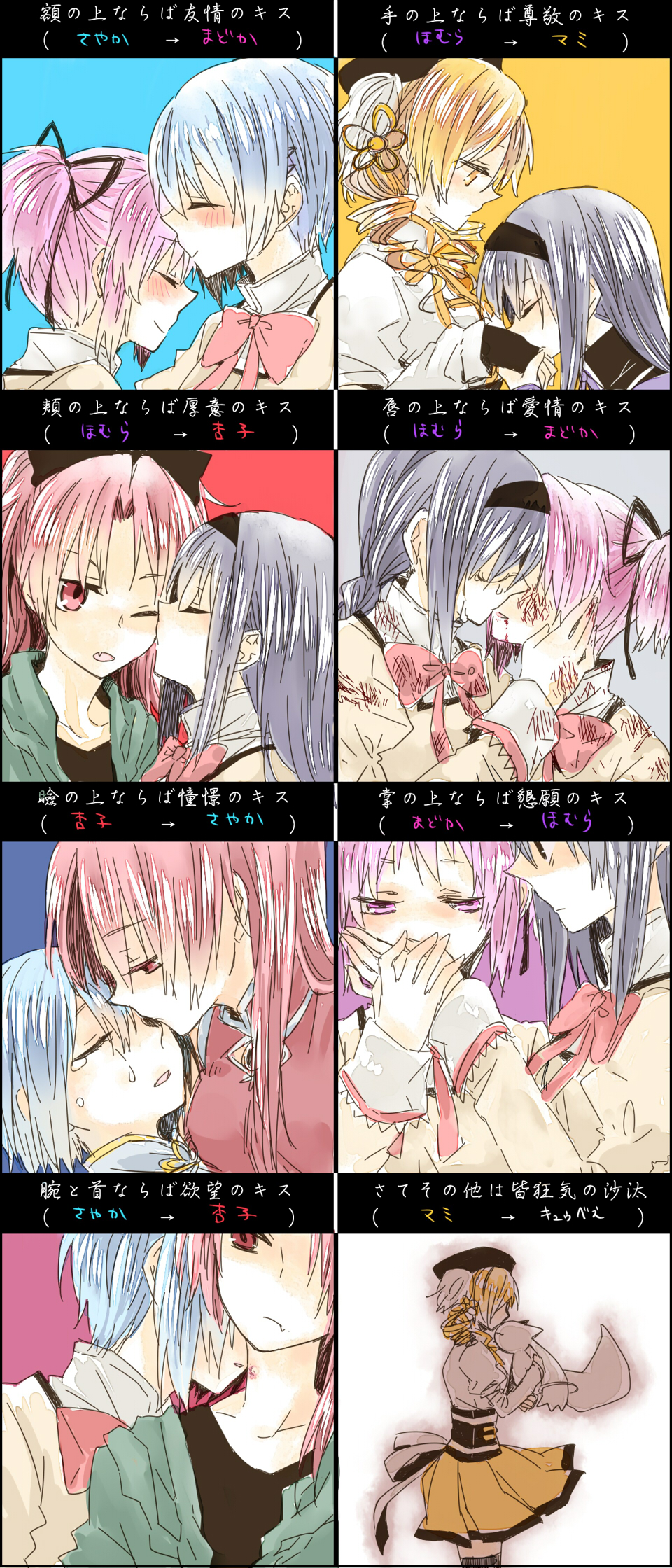 black_hair, blonde_hair, blood, blush, braid, chart, cheek_kiss, drill_hair