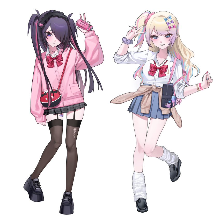 2girls, absurdres, alternate_costume, ame-chan_(needy_girl_overdose), bag, bandaid_on_thigh, black_garter_straps, black_hair, black_hairband, black_shoes, black_skirt, black_thighhighs, blonde_hair, blue_eyes, blue_hair, blue_skirt, bow, bowtie, bracelet, can, cardigan, cardigan_around_waist, chouzetsusaikawa_tenshi-chan, clothes_around_waist, collared_shirt, expressionless, frilled_hairband, frills, full_body, garter_straps, gradient_hair, gyaru, hair_bow, hair_over_one_eye, hairband, hexenmesser, highres, holding, holding_can, jewelry, leg_warmers, loafers, long_hair, looking_at_viewer, miniskirt, monster_energy, multicolored_hair, multiple_girls, multiple_hair_bows, needy_girl_overdose, one_side_up, pink_cardigan, pink_hair, pleated_skirt, purple_hair, red_bow, red_bowtie, school_bag, scrunchie, shirt, shoes, shoulder_bag, simple_background, skirt, smile, streaked_hair, thigh-highs, torn_clothes, torn_thighhighs, twintails, two-tone_hair, v, violet_eyes, white_background, white_shirt, wrist_scrunchie