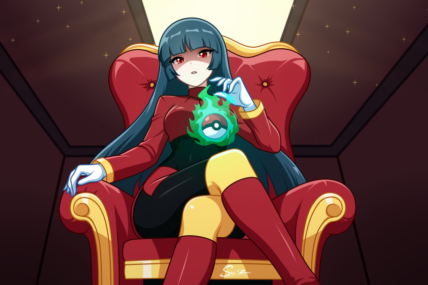 1girl, blue_hair, blunt_bangs, bodystocking, bodysuit, bodysuit_under_clothes, boots, breasts