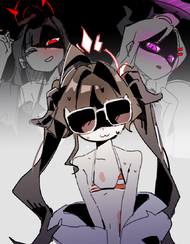 3girls, :3, ahoge, bikini, black_hair, blue_archive, brown_hair, closed_eyes