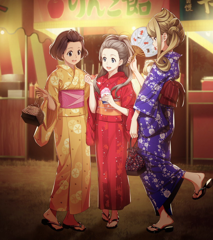 3girls, :d, black_hair, blonde_hair, blue_eyes, blue_kimono, brown_eyes, brown_hair