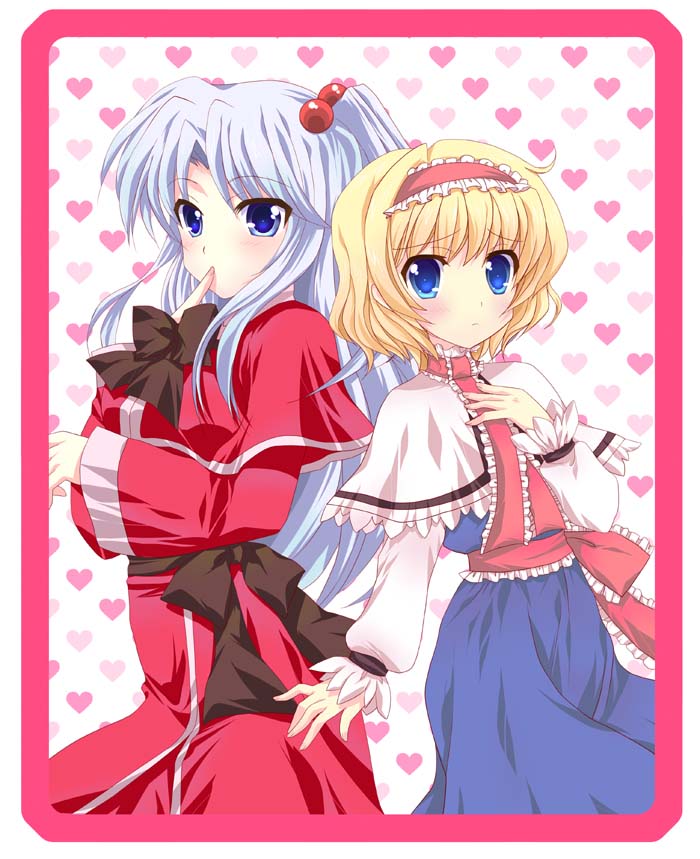 alice_margatroid, blonde_hair, blue_eyes, blue_hair, blush, capelet, finger_to_mouth, hair_bobbles