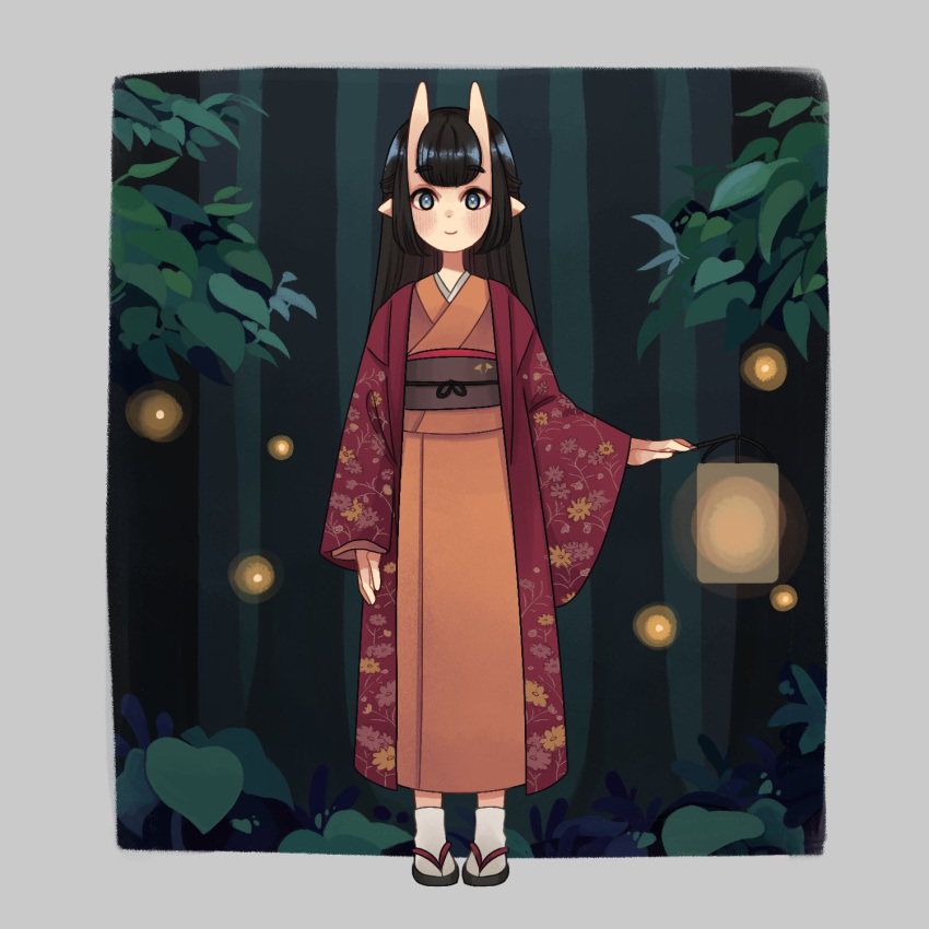 1girl, black_hair, border, coat, commentary, commentary_request, copyright_request, demon_horns
