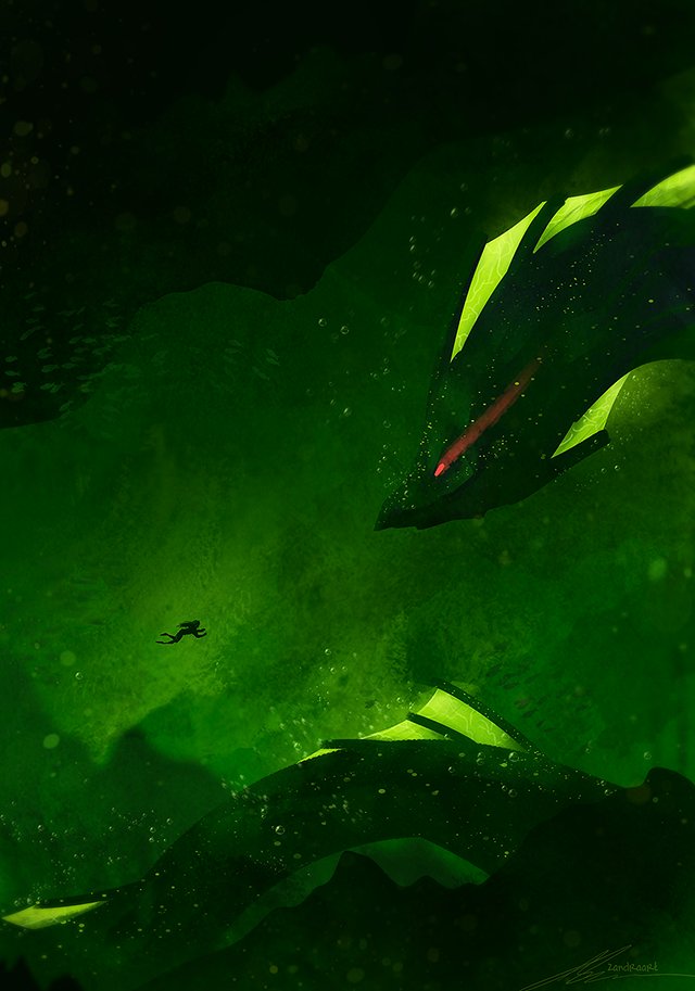 1other, animal, cave_interior, diving, full_body, glowing, green_theme, light_particles