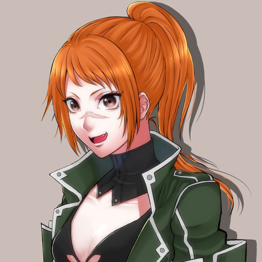 1girl, :d, bikini, black_bikini, breasts, brown_eyes, code_vein, cropped_jacket
