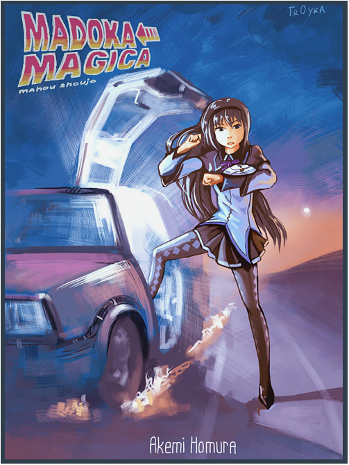 akemi_homura, back_to_the_future, car, crossover, delorean, fire, gullwing_doors, mahou_shoujo_madoka_magica