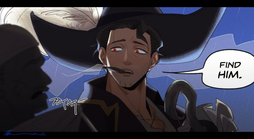 2boys, beard_stubble, black_hair, captain_hook, captain_hook_(cosplay), cosplay, english_text, facial_hair