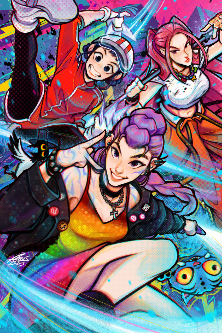 3girls, absurdres, amos_the_fanboy, black_jacket, blunt_bangs, boots, bracelet, braid