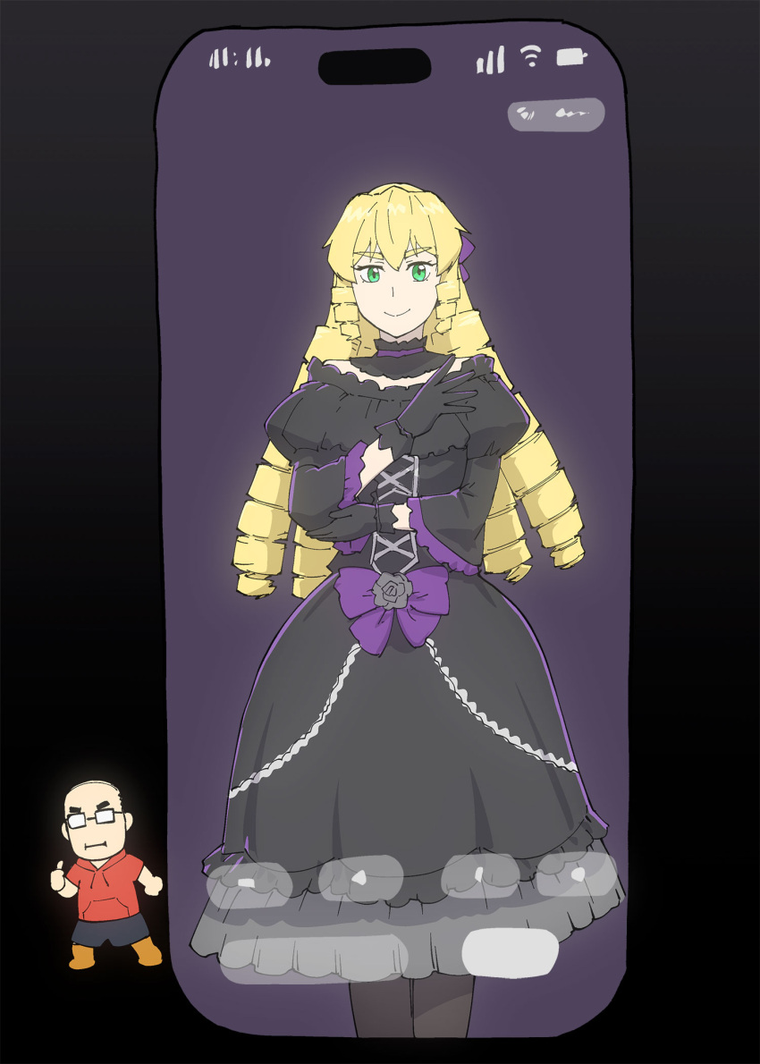 1boy, 1girl, akuyaku_reijou_tensei_ojisan, ani_(xai), balding, black_choker, black_dress, black_hair