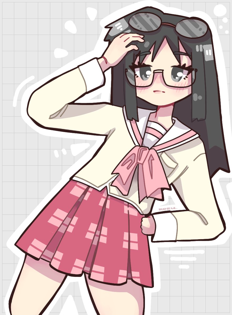 black_eyes, black_hair, bow, bowtie, extra_eyewear, eyewear_on_head, grid_background, hand_on_own_hip