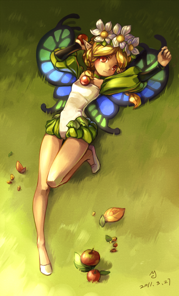 blonde_hair, braid, butterfly_wings, flower, grass, hair_flower, hair_ornament, kame4282