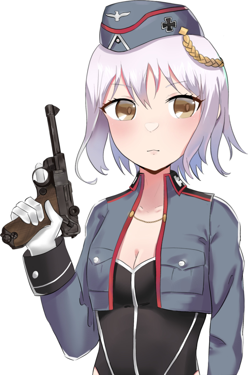 1girl, brown_eyes, commission, commissioner_upload, girls_frontline, gloves, gun, handgun