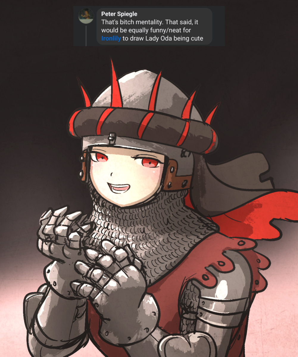 1girl, :d, bascinet, borrowed_character, coif, couter, gauntlets, gradient_background