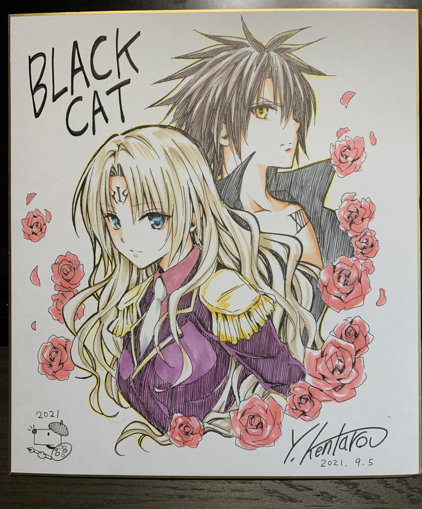 1boy, 1girl, artist_name, black_cat_(series), blonde_hair, blue_eyes, brown_hair, closed_mouth