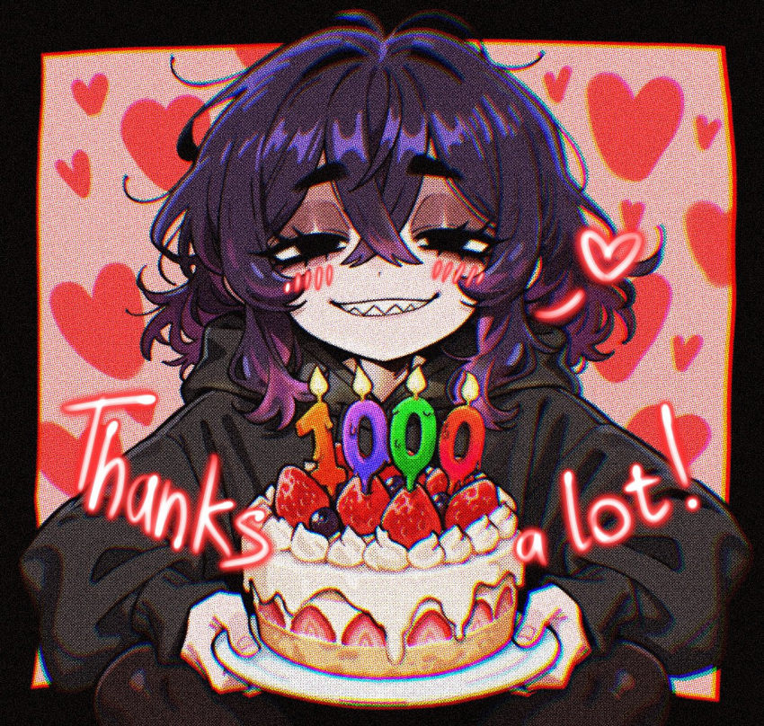 1girl, black_border, black_eyeliner, black_hair, blush, border, cake, candle