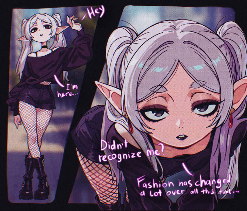 1girl, arm_up, black_boots, black_choker, black_eyeliner, black_eyes, black_lips, black_shirt, black_shorts, blurry, blurry_background, boots, choker, ear_piercing, english_text, eyeliner, fishnet_pantyhose, fishnets, frieren, goth_fashion, grey_hair, highres, leaning_forward, long_hair, long_sleeves, looking_at_viewer, makeup, multiple_views, osidid, pantyhose, parted_lips, piercing, pointy_ears, shirt, shorts, sousou_no_frieren, twintails