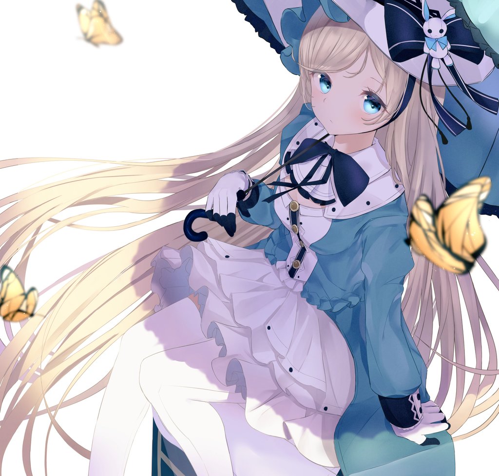 1girl, alice_(arcaea), arcaea, ascot, black_bow, black_bowtie, blonde_hair, blouse, blue_eyes, blue_shirt, blue_umbrella, bow, bowtie, breasts, bug, butterfly, closed_mouth, commentary_request, gloves, hat, hat_bow, hat_ornament, holding, holding_umbrella, long_hair, long_sleeves, looking_at_viewer, medium_breasts, rabbit_hat_ornament, shirt, sitting, skirt, solo, swept_bangs, thigh-highs, tsuchi_(sh_spica1), umbrella, very_long_hair, white_ascot, white_background, white_gloves, white_hat, white_skirt, white_thighhighs, yellow_butterfly