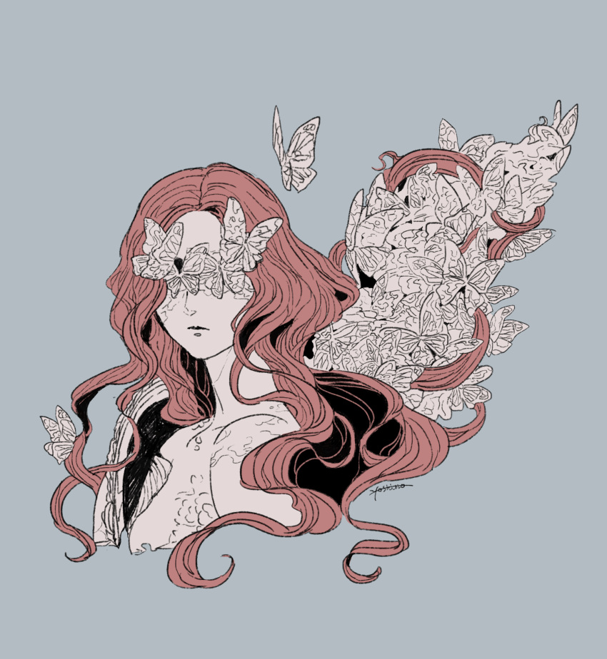 1girl, absurdres, bare_shoulders, bug, butterfly, butterfly_on_face, covered_eyes, cropped_shoulders