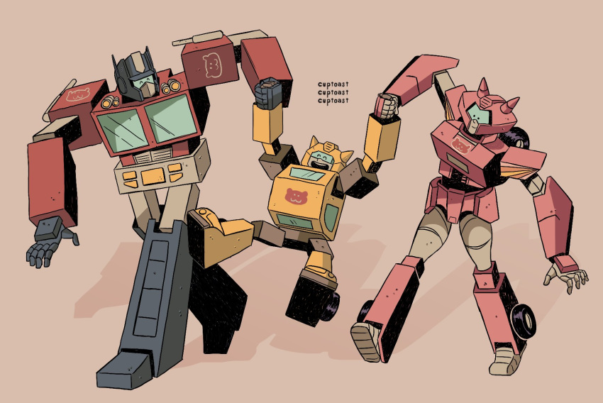 1980s_(style), 1girl, 2boys, autobot, blue_eyes, bumblebee_(transformers), cuptoast, elita_one