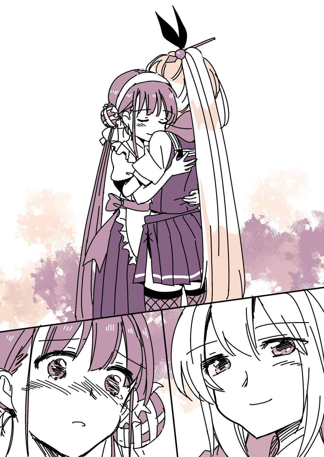 2girls, breasts, double_bun, frills, hair_bun, hair_ornament, hair_stick, harness