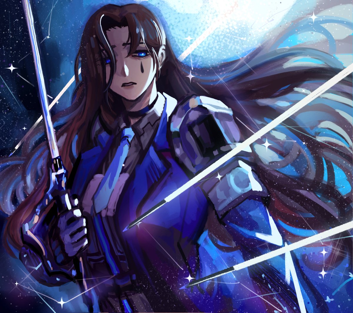 armband, armor, black_choker, black_shirt, blue_coat, blue_eyes, blue_jacket, blue_necktie, breastplate, brown_hair, choker, coat, collared_shirt, constellation, e.g.o_(project_moon), eyebrows_hidden_by_hair, floating, floating_object, floating_sword, floating_weapon, forgo11en, hair_flowing_over, holding, holding_sword, holding_weapon, jacket, limbus_company, lobotomy_corporation, long_hair, long_sleeves, necktie, parted_bangs, parted_lips, project_moon, rapier, rodion_(project_moon), shirt, shoulder_armor, shoulder_pads, sky, star_(sky), sword, tattoo, teardrop, teardrop_facial_mark, teardrop_tattoo, the_sword_sharpened_with_tears_(e.g.o), weapon