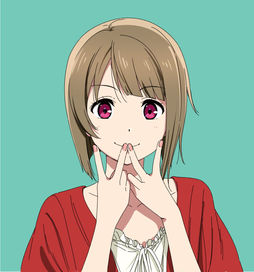1girl, brown_hair, collarbone, double_v, dress, green_background, highres, looking_at_viewer, loose_dress, love_live!, love_live!_nijigasaki_high_school_idol_club, nakasu_kasumi, pink_nails, red_dress, red_eyes, sano_keiichi, short_hair, smile, solo, v, v_over_mouth