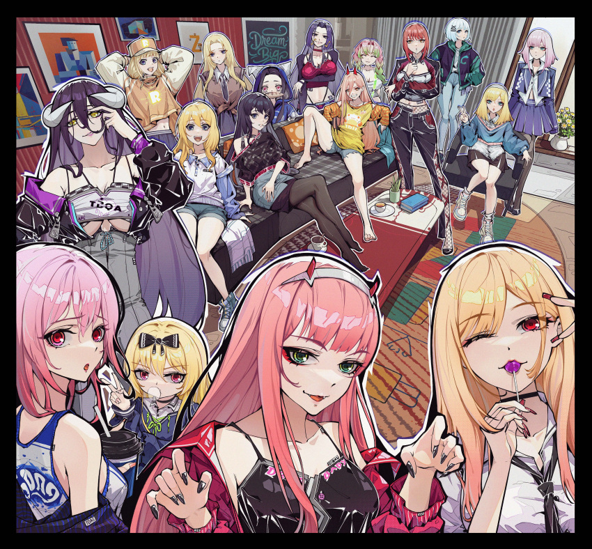 6+girls, :3, :d, :o, absurdres, albedo_(overlord), alternate_costume, arm_under_breasts